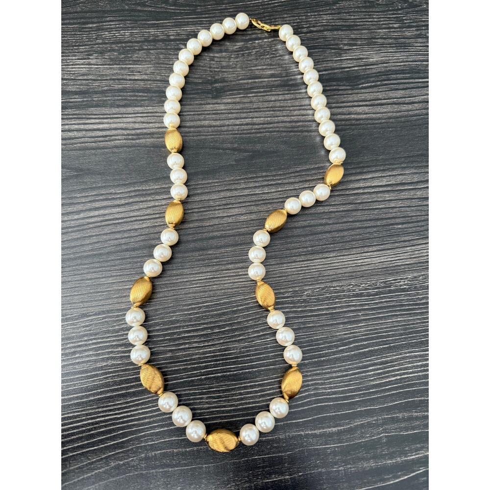 Napier White and Gold Bead Long Necklace Signed
